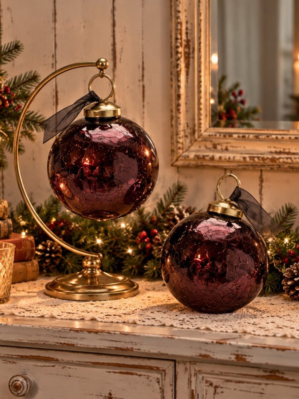 Debbie Travis Deep Merlot Crackle Glass Christmas Ornaments Set of 2